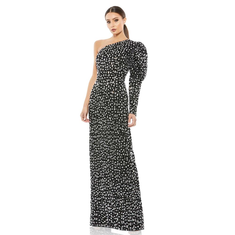 Mac Duggal Ieena 10768 Black Silver Embellished Puff Sleeve Gown 16